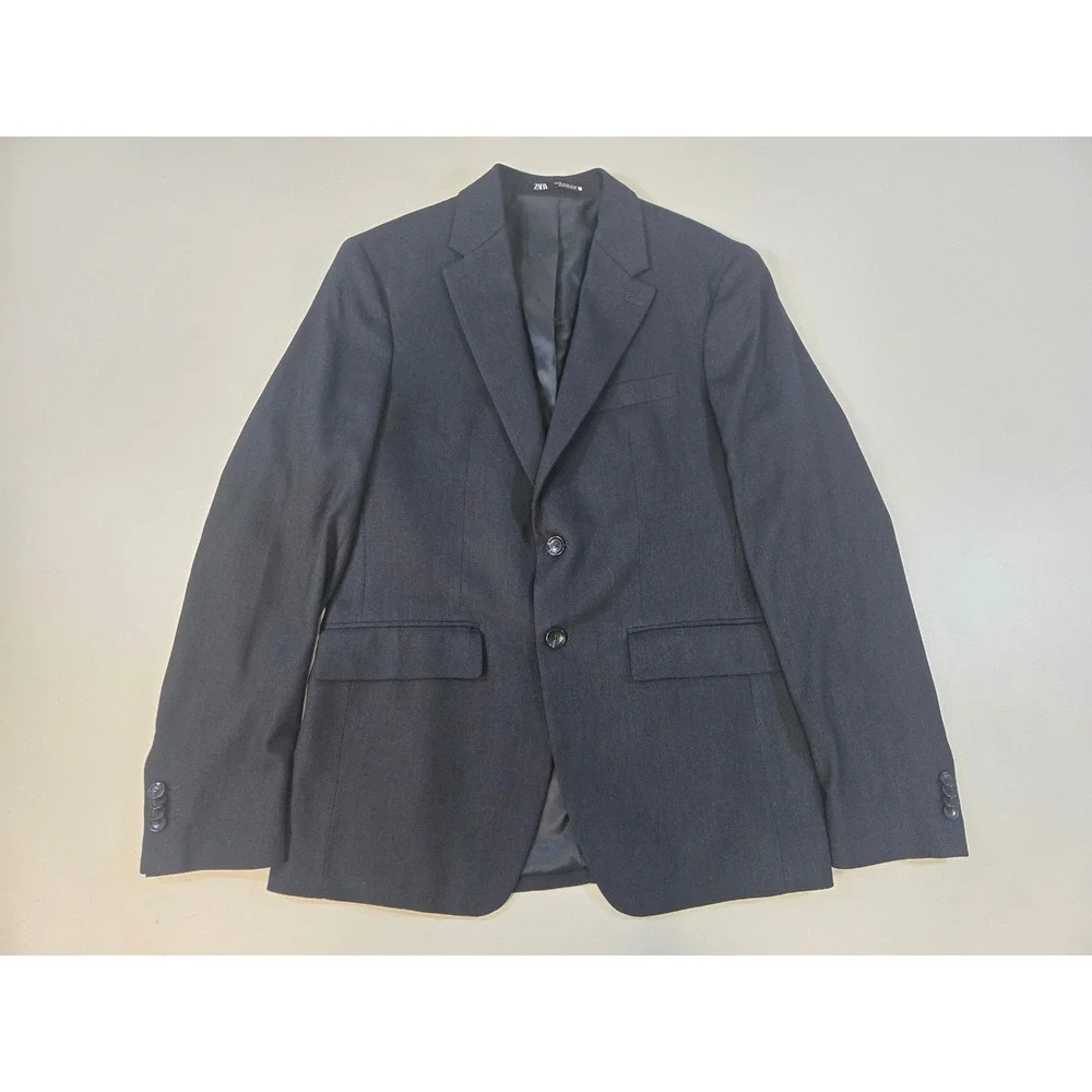 Zara Man Navy Blue Textured Wool Blend Two Button Suit Jacket Blazer Size 38R